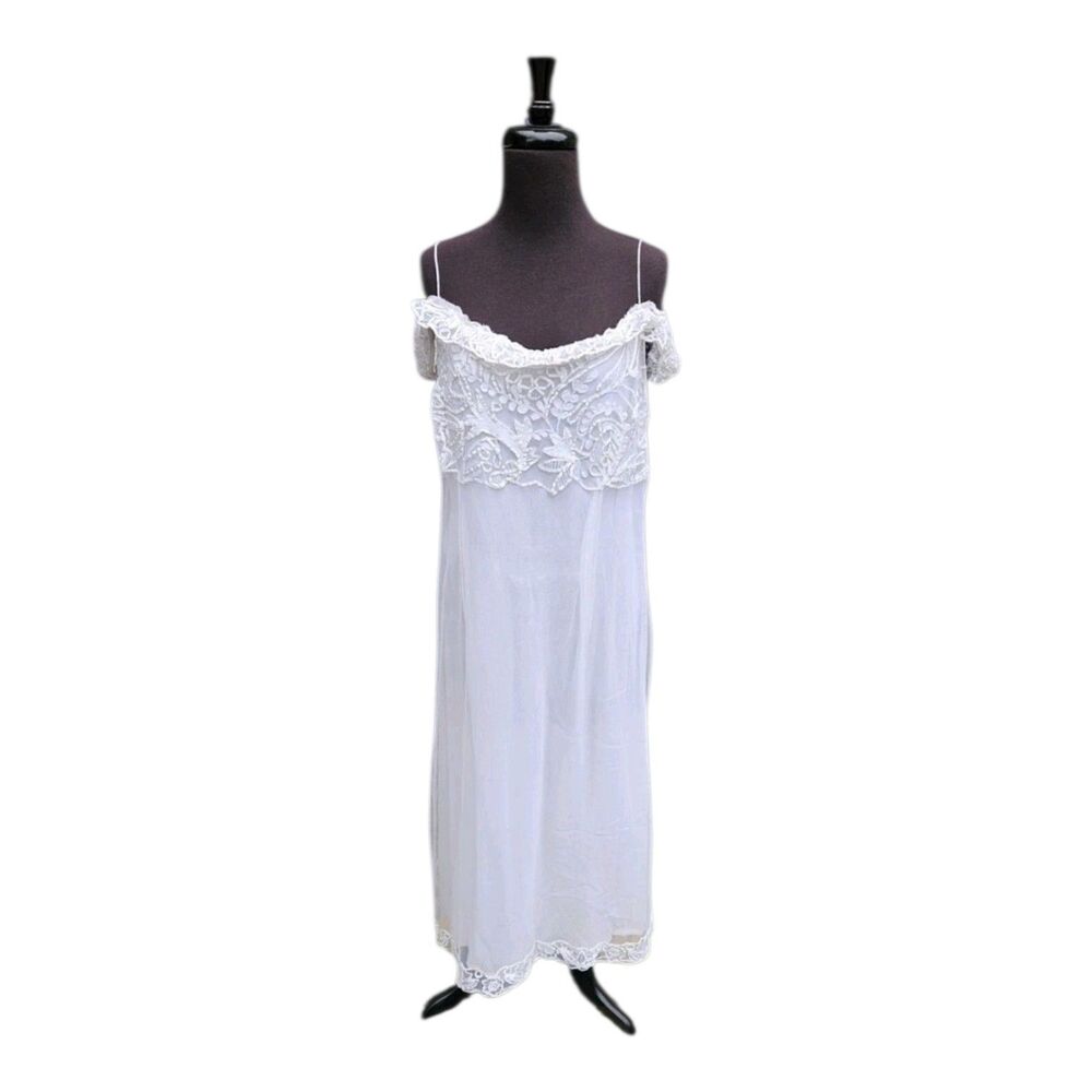 April Cornell Med White Lace Midi Nightgown Dress Fairy Cottagecore Coquette